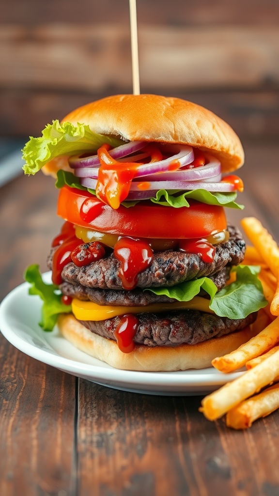 A delicious burger with a juicy patty, lettuce, tomato, and fries on a rustic table.